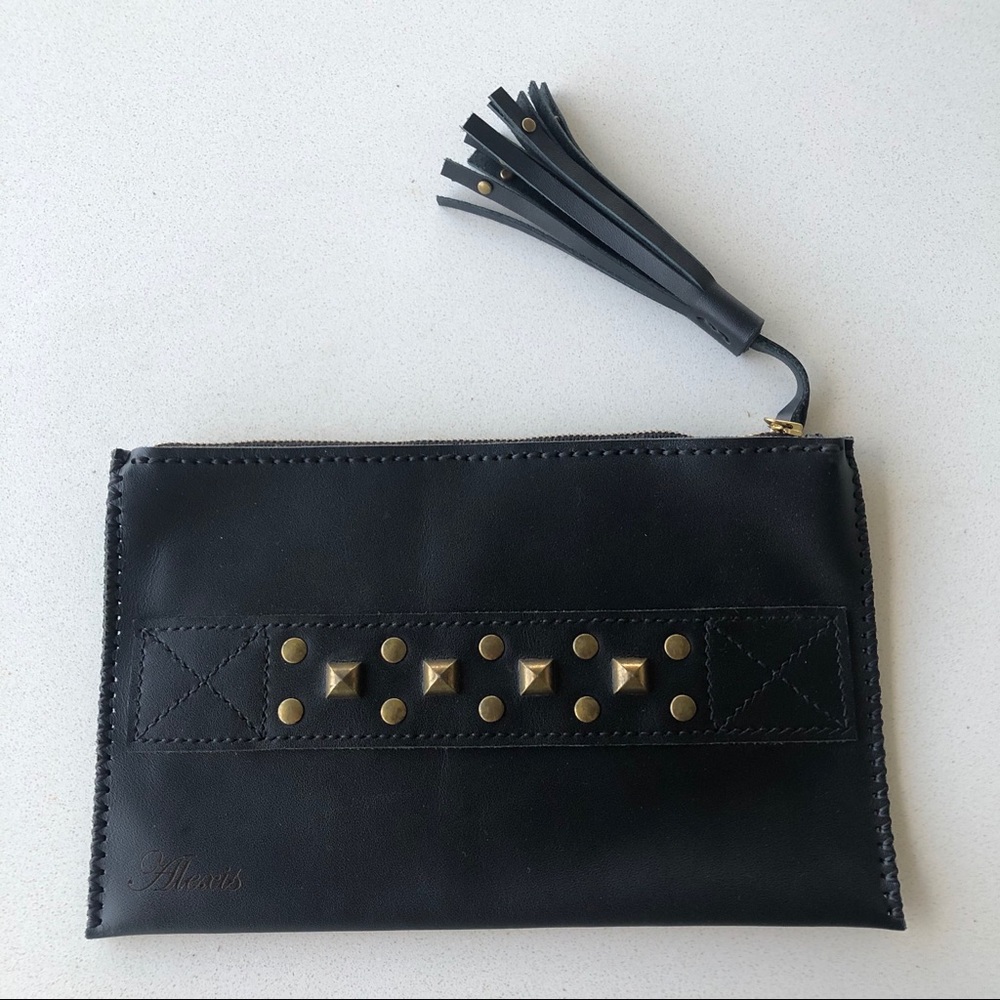 NEW Black Studded Faux Leather Clutch Alexis Name